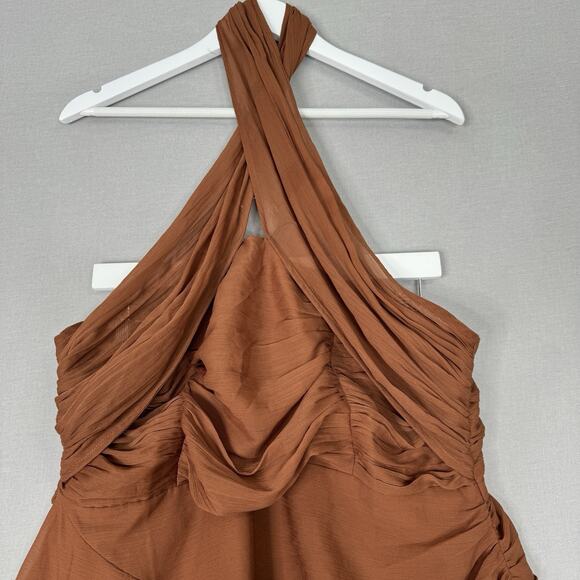 ASOS Design Womens Dress 14 Brown Cross Front Halter Gathered Mini Fairy Y2K - Picture 2 of 13